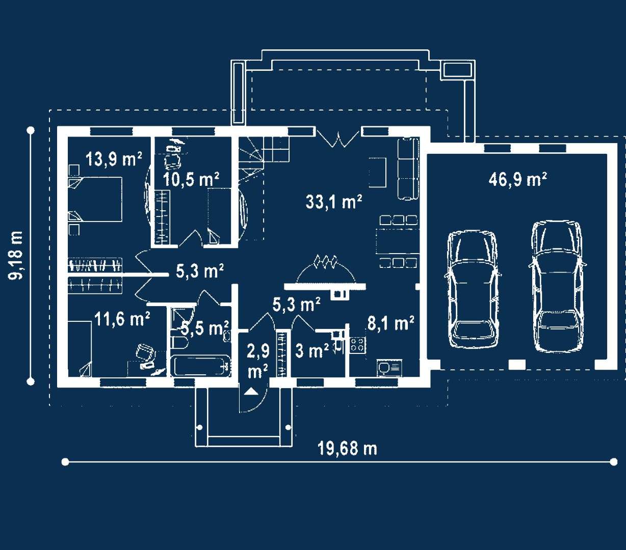 Plan parter Casă cu mansardă 161 mp utili, 3 dormitoare, 2 băi